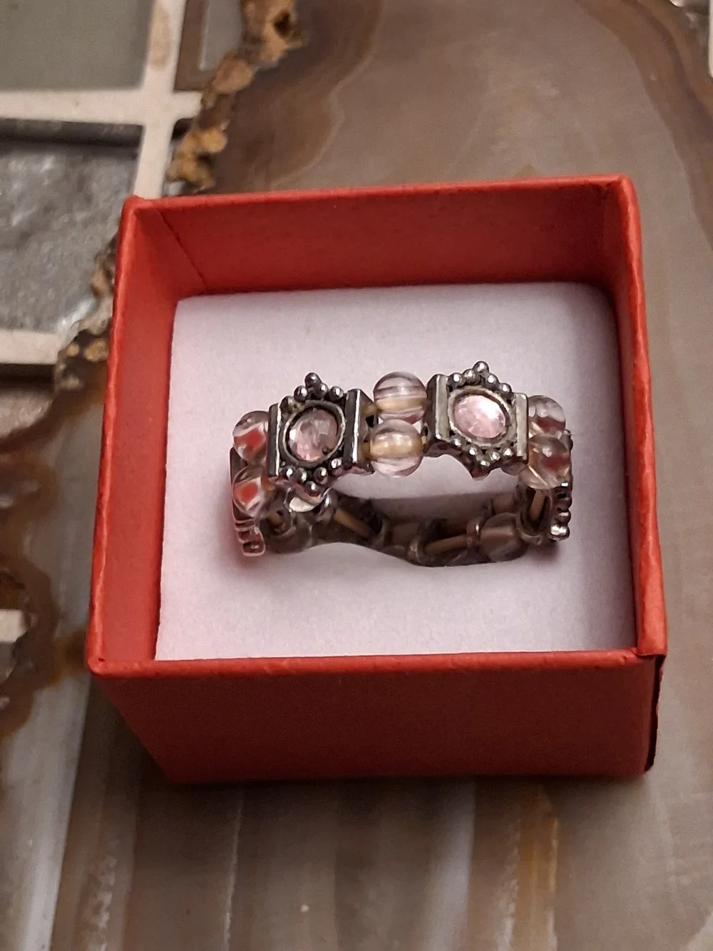 Artisan Sterling Silver Pink Bead Stretch Ring
